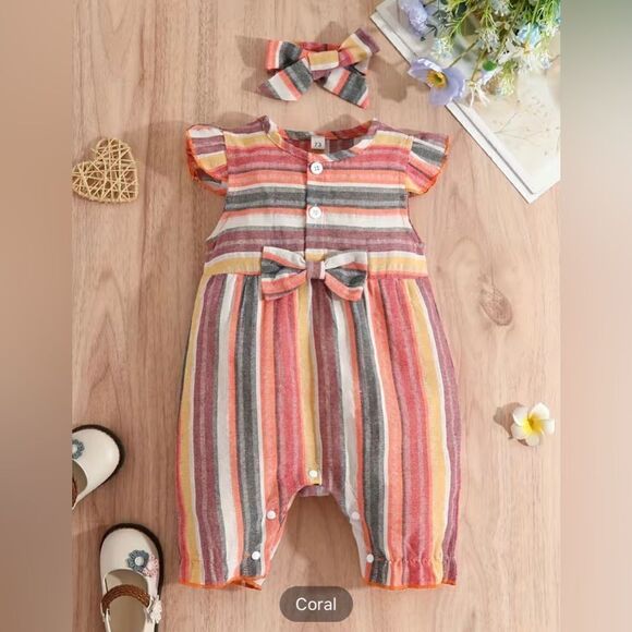 NWOT … Baby Girls Striped Ruffled Romper With Matching Headband / Bow - Picture 1 of 4